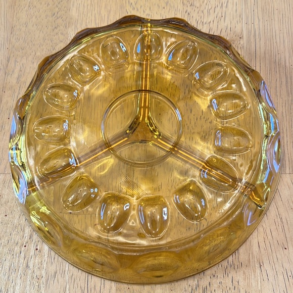 Indiana Glass Co Kings Crown Amber Gold Thumb Print 3 Way Divided Relish Dish - Picture 5 of 8